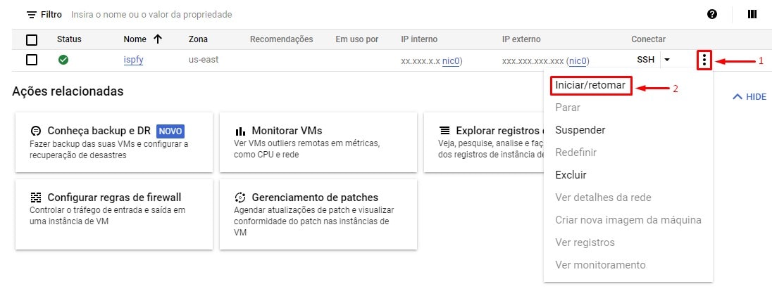 Retomar instância da VM