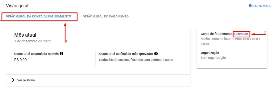 Visão geral da conta de faturamento.