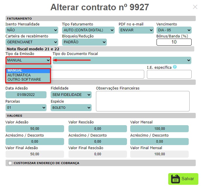 Alterar tipo de emissão de nota fiscal.