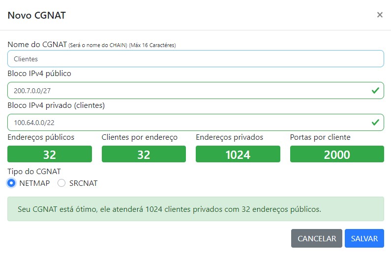 Adicionar novo CGNAT | | Sistema para provedor.