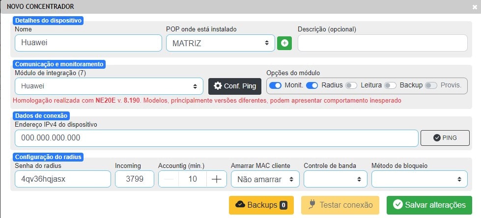 Cadastrar novo concentrador Huawei | Sistema para provedor.