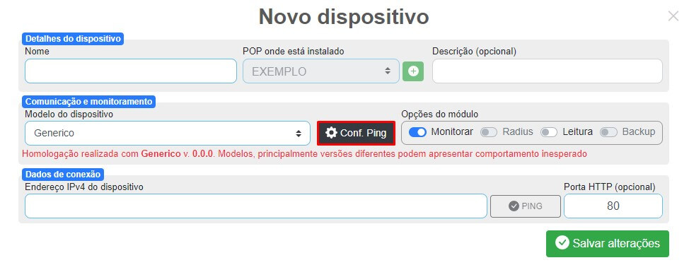 Botão para configurar Ping.