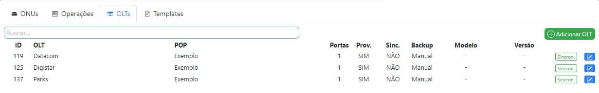 Lista de OLT's cadastradas no ISPFY.