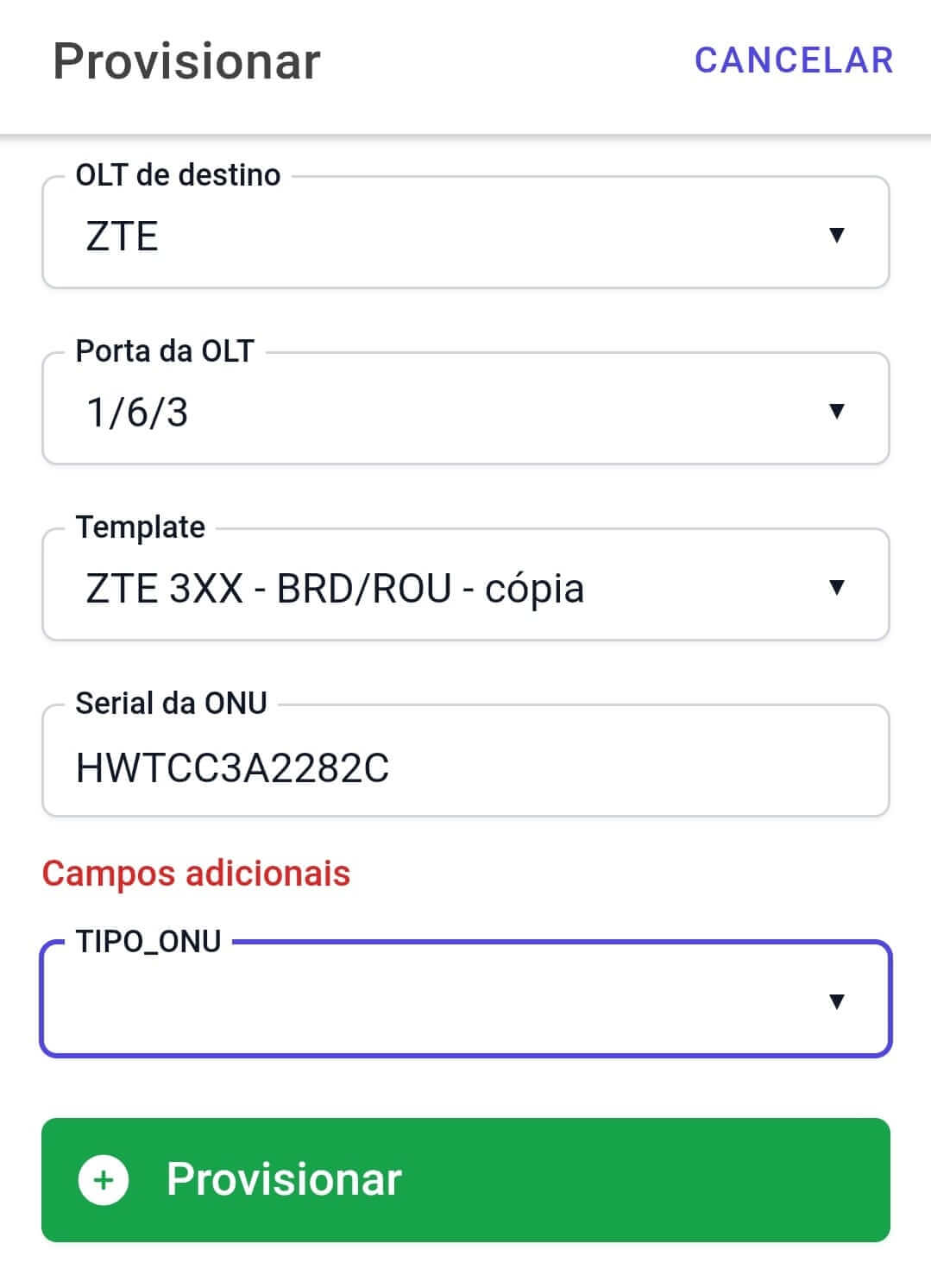 Provisionar OLT no aplicativo.