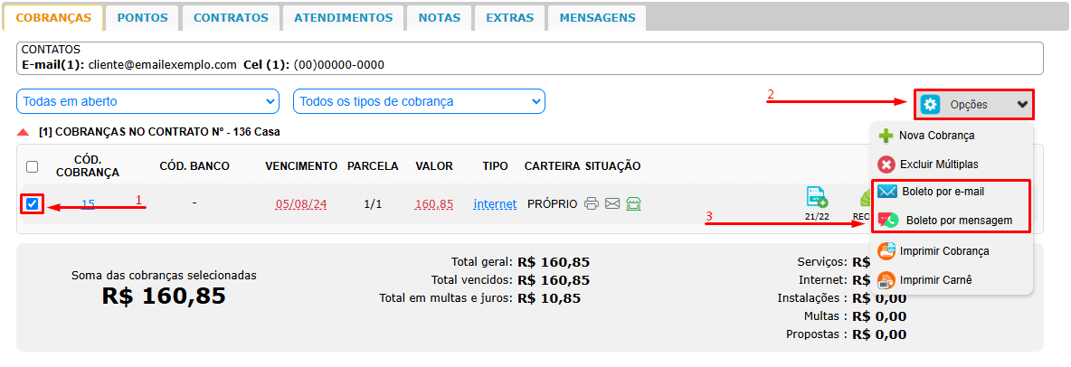 Opções de envio da cobrança.