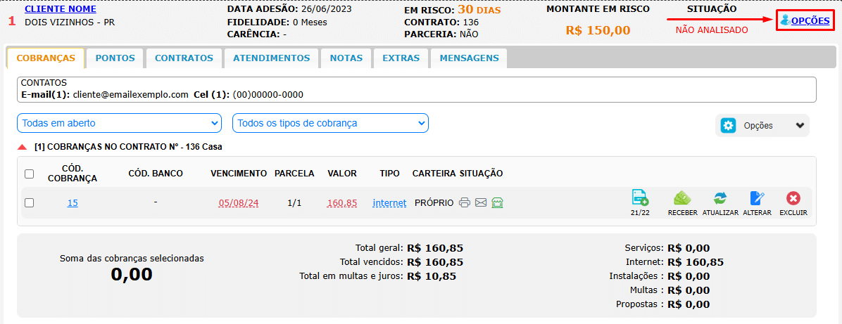 Informações adicionais e opções do contrato inadimplente.