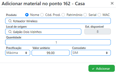 Tela para adicionando material ao ponto de acesso.