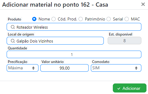 Tela para adicionando material ao ponto de acesso | Sistema para provedor.