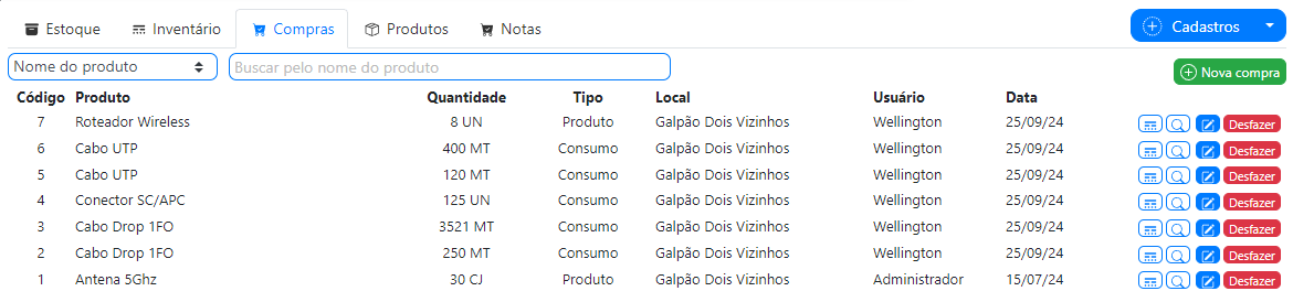 Historico de compras registradas no módulo de estoque do sistema ISPFY | Sistema para provedor.