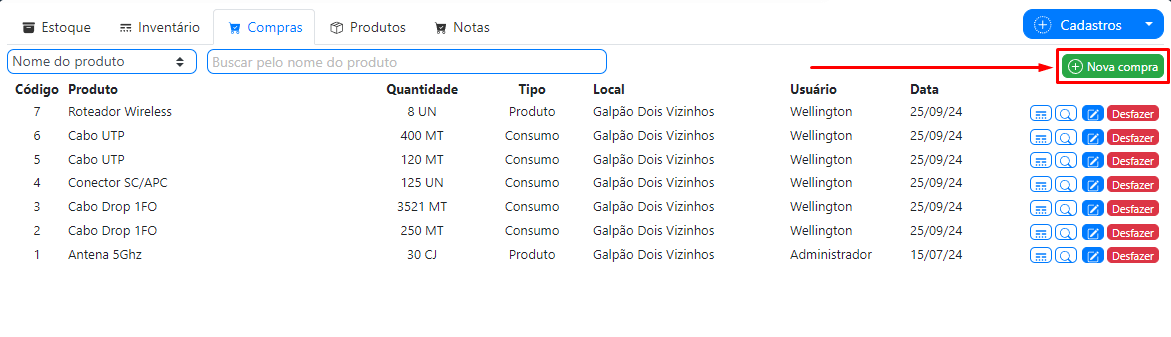 Registrar compra nova compra no módulo de estoque do ISPFY | Sistema para provedor.