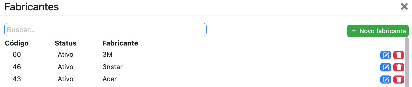 Fabricantes cadastrados.