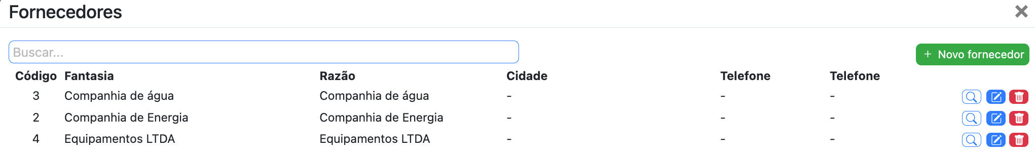 Fornecedores cadastrados.