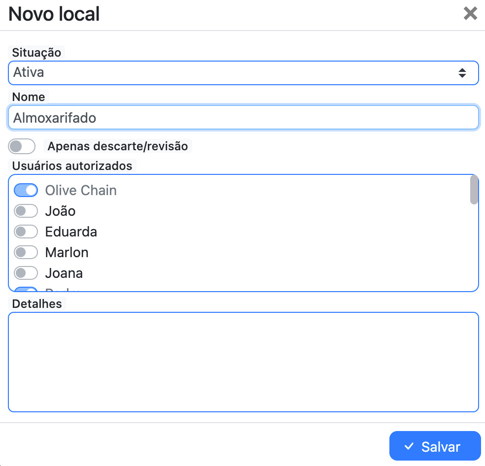 Cadastrar novo local de estoque.