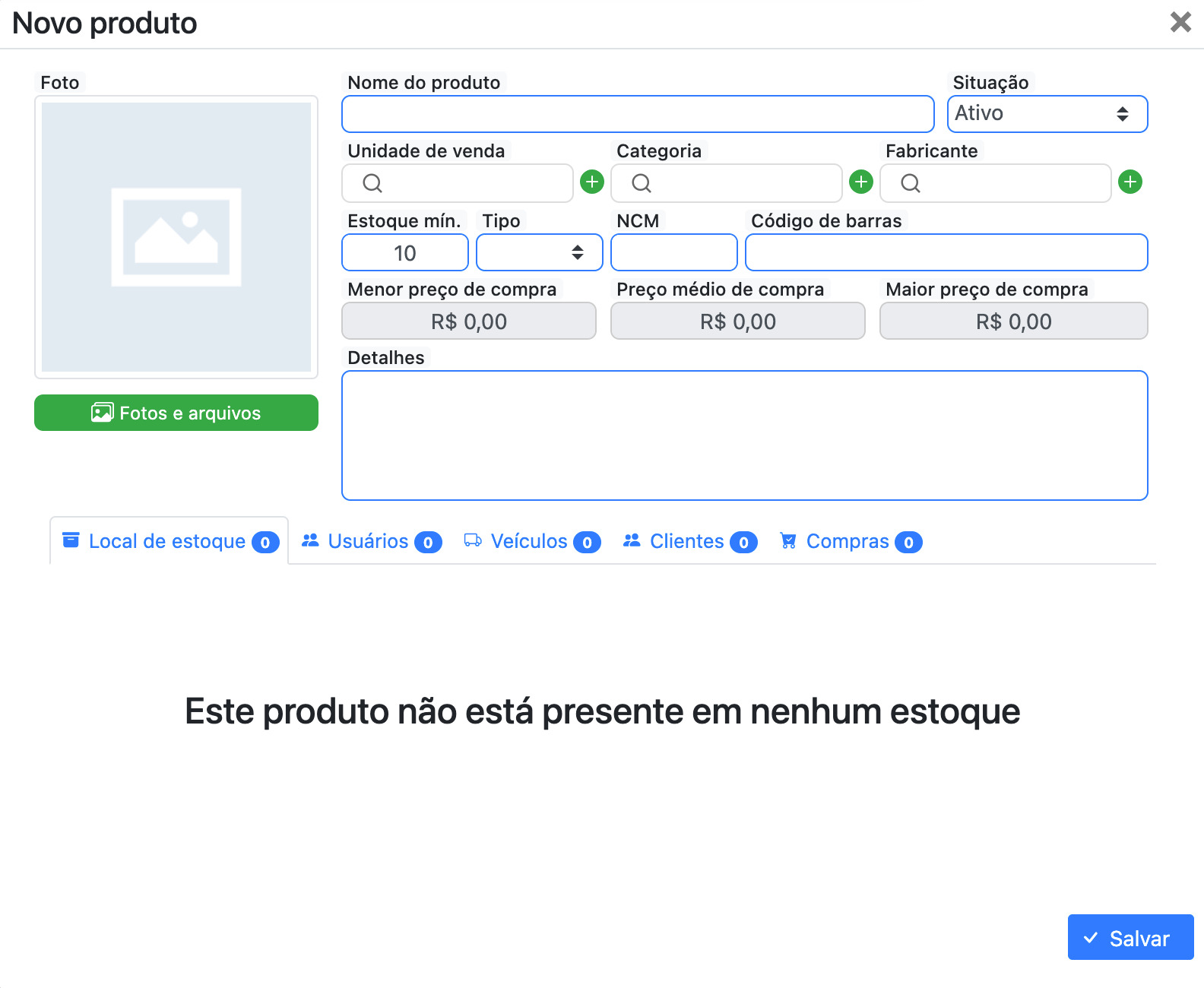 Cadastrando novo produto.