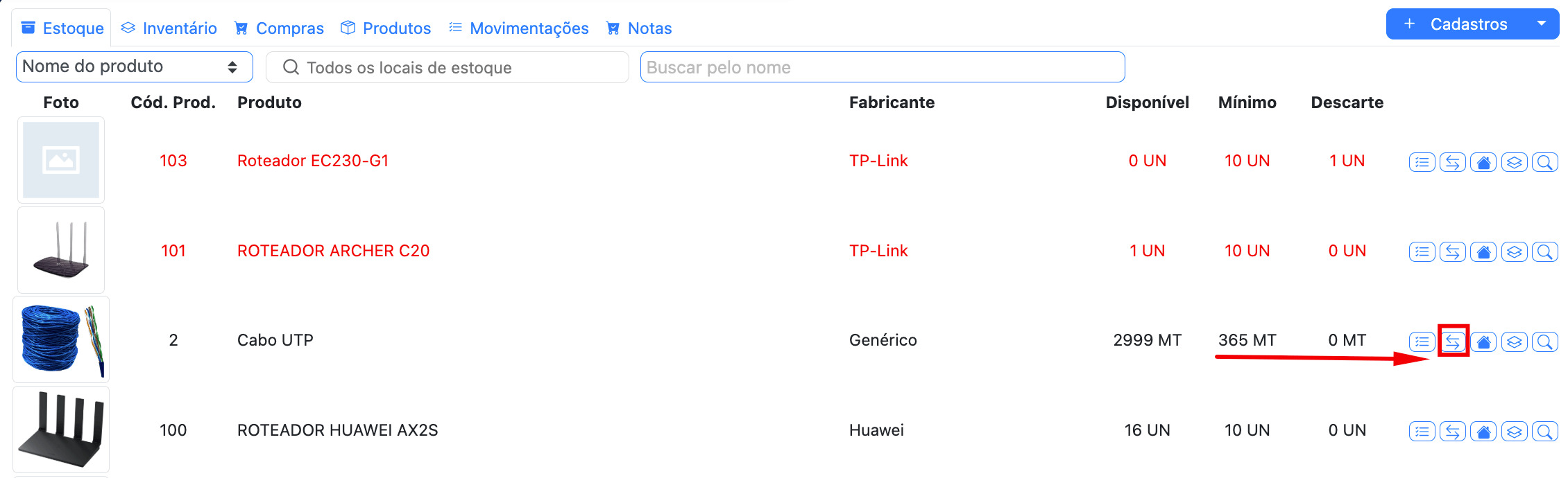 Transferir produtos para outro local de estoque.
