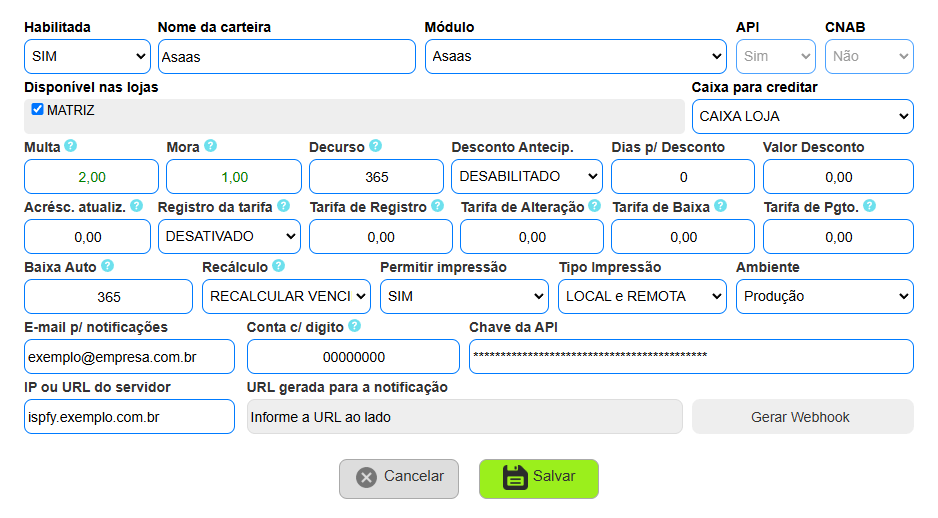 Cadastrar carteira API do banco Asaas no ISPFY.