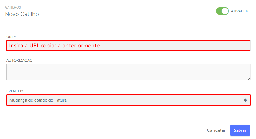 Gatilho para mudança de status de fatura