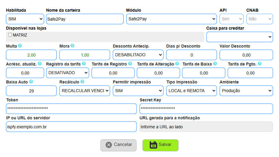 Cadastrar gateway de pagamento.