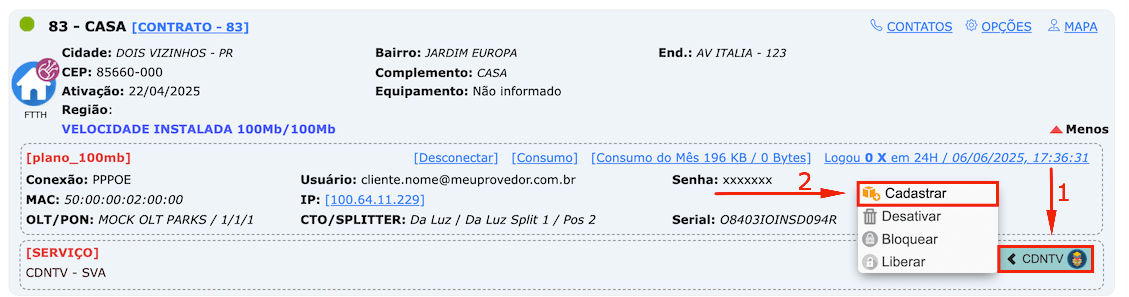 Cadastrar serviço SVA no ponto de acesso.