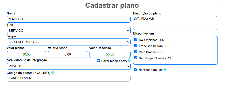 Cadastrando plano SVA PlayHub.