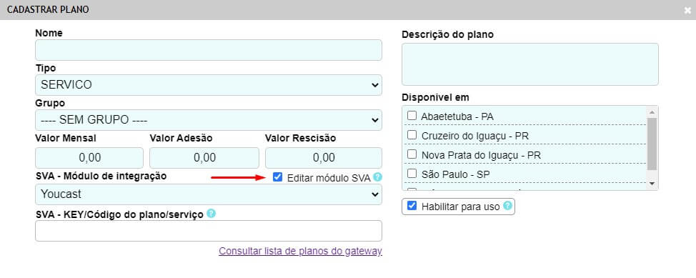 Cadastrar plano SVA para Youcast no YSPFY.