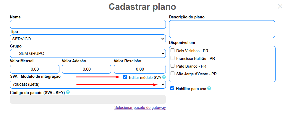 Cadastrar plano SVA para Youcast no YSPFY.