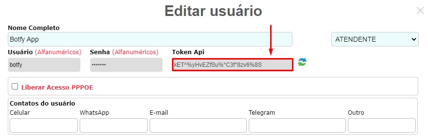 Copiar token da API do usuário para o Botfy no ISPFY.
