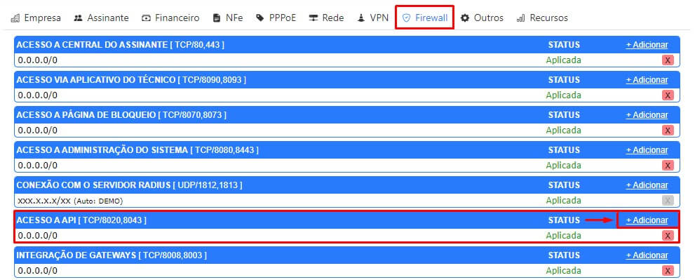 Liberar firewall para o acesso à API no ISPFY.