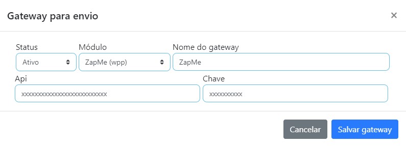 Cadastrar gateway para envio de mensagens.