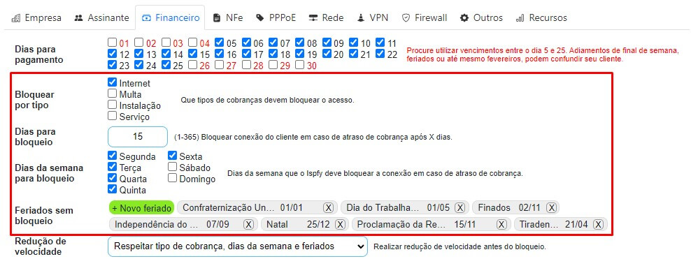 Configurações dos parêmetros para bloqueio do ponto de acesso no ISPFY | Sistema para provedor.