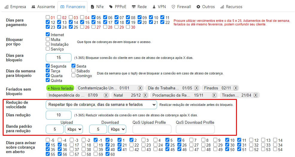 Configurações dos parâmetros para redução de velocidade no ISPFY | Sistema para provedor.