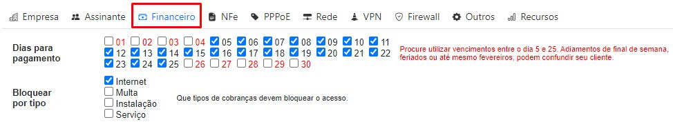 Parâmetros do setor financeiro no ISPFY | Sistema para rovedor.