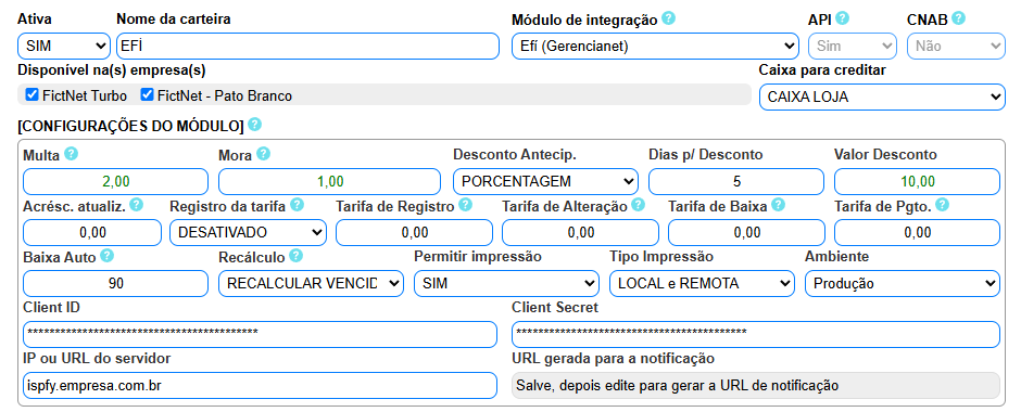 Configurando carteira do Efí no ISPFY.