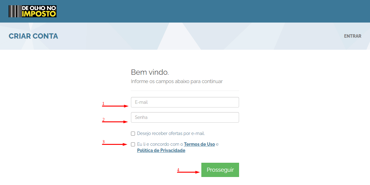 Criar conta no site De Olho no Imposto.
