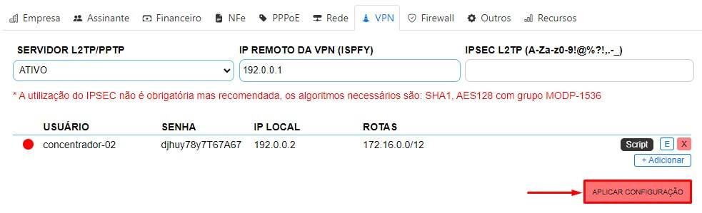 Aplicar configurações da VPN no ISPFY | Sistema para provedor..